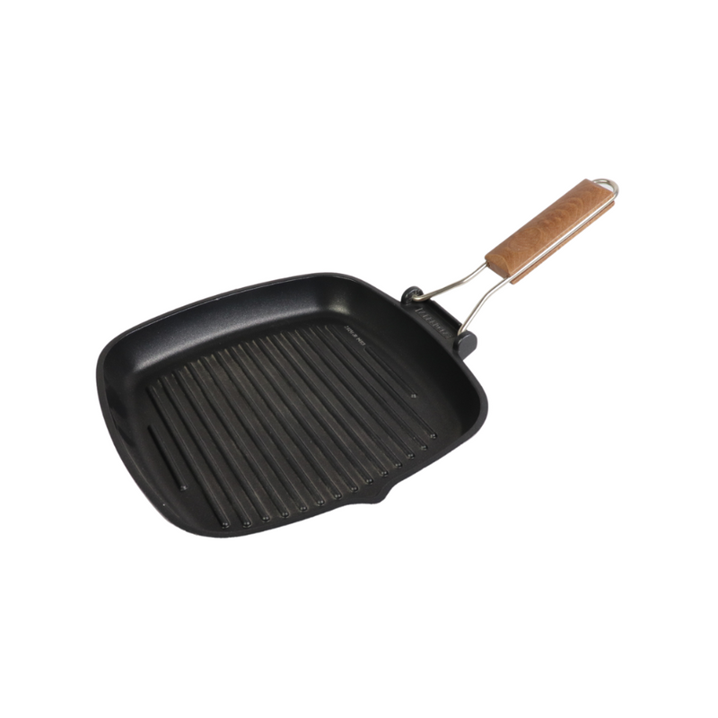 Risoli Non-Stick Square Grill Pan With Folding Wooden Handle – 26x26 cm, Italian Quality