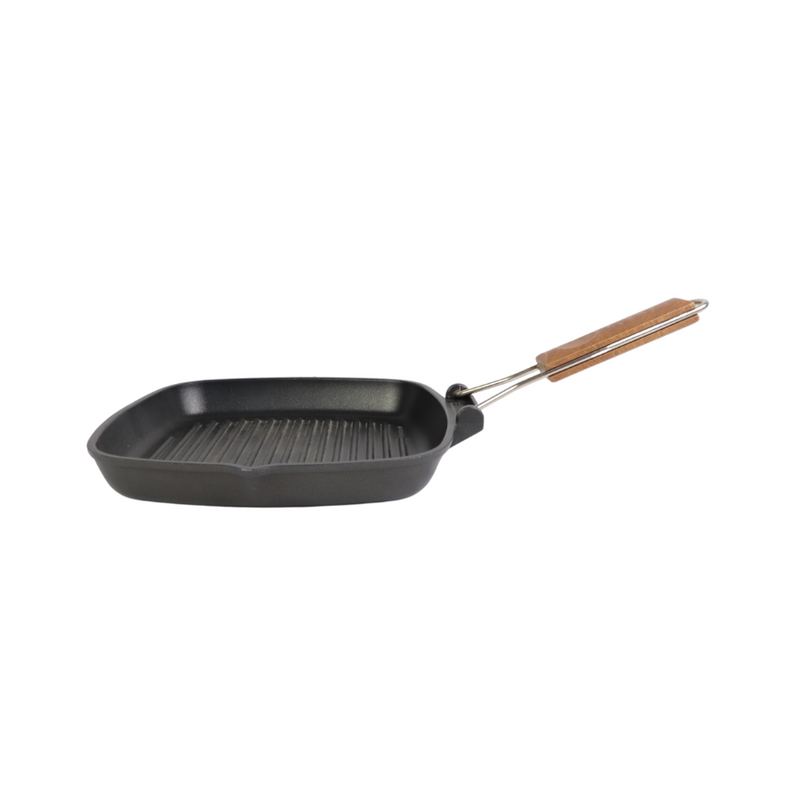 Risoli Non-Stick Square Grill Pan With Folding Wooden Handle – 26x26 cm, Italian Quality