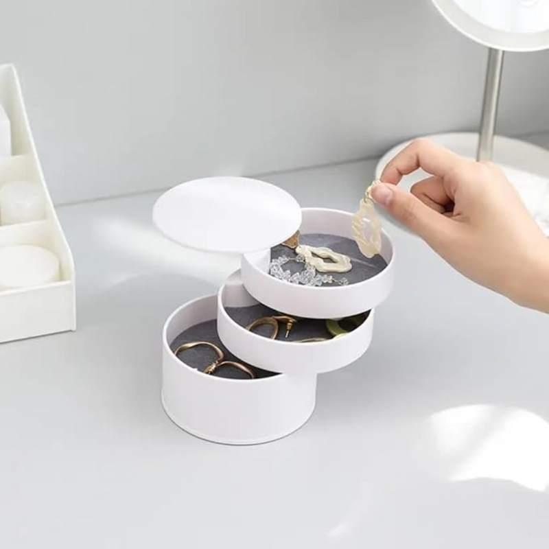 Stylish Round Jewelry Organizer with Built-in Mirror and Multiple Layers for Rings and Earrings