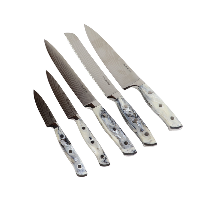 Elegant Marble-Shaped Handle Knife Set With Bamboo Block - 5 Essential Knives For Your Kitchen