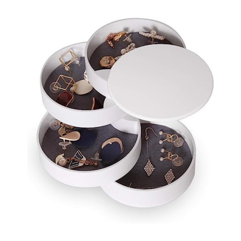 Stylish Round Jewelry Organizer with Built-in Mirror and Multiple Layers for Rings and Earrings