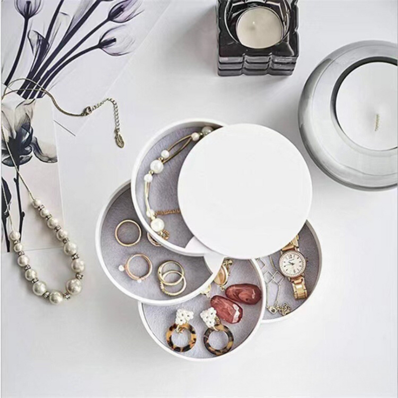 Stylish Round Jewelry Organizer with Built-in Mirror and Multiple Layers for Rings and Earrings