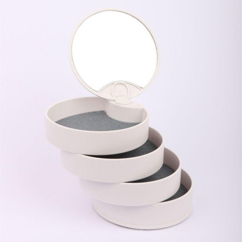 Stylish Round Jewelry Organizer with Built-in Mirror and Multiple Layers for Rings and Earrings