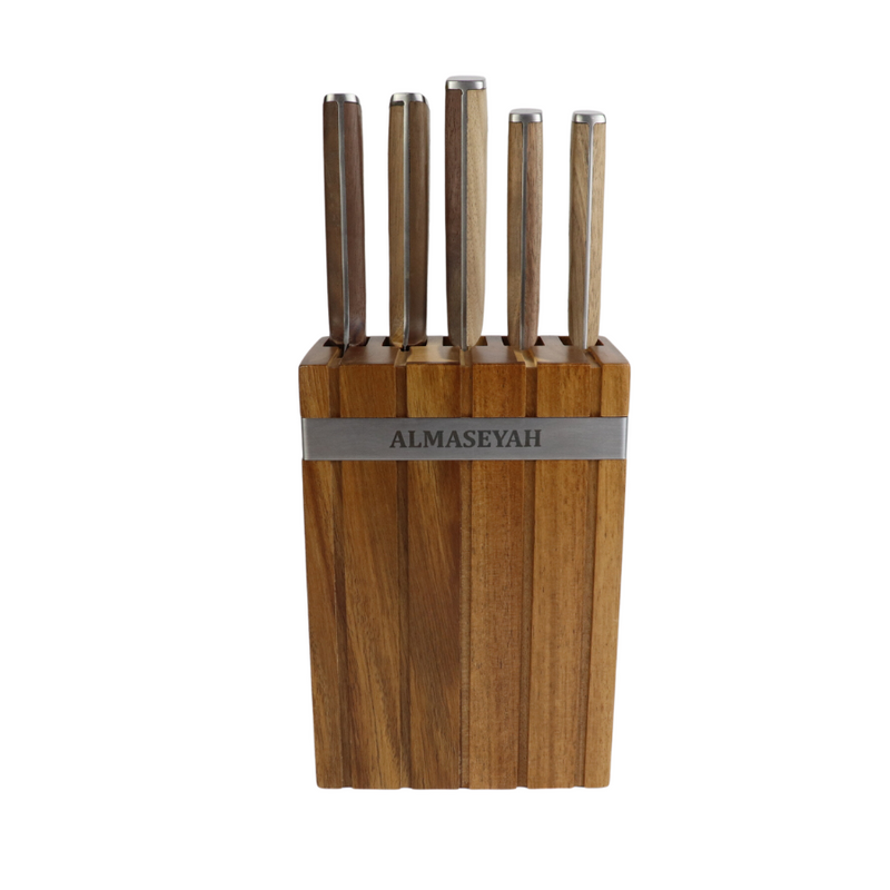 Rustic Wooden Knife Set With Bamboo Block - 5 Essential Knives For Your Kitchen