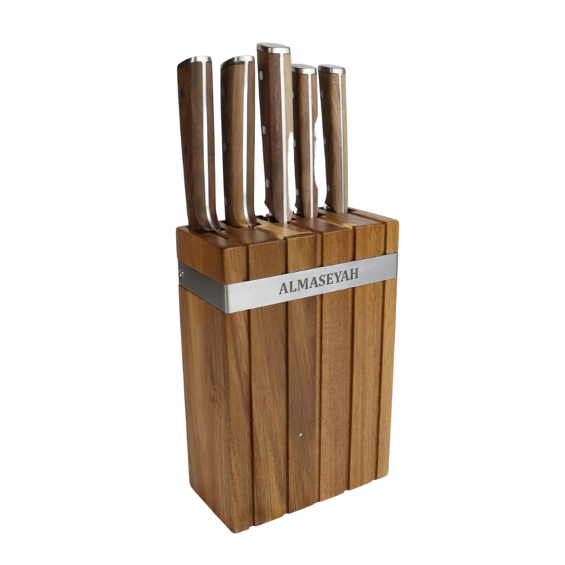 Rustic Wooden Knife Set With Bamboo Block - 5 Essential Knives For Your Kitchen