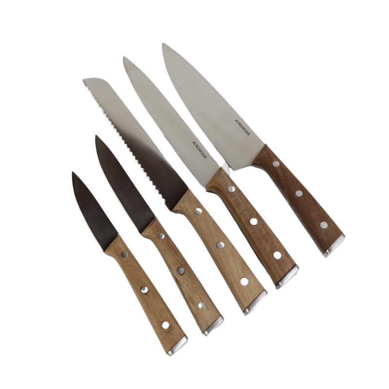 Rustic Wooden Knife Set With Bamboo Block - 5 Essential Knives For Your Kitchen