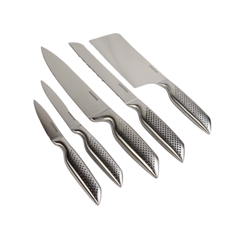 Sleek Stainless Steel Knife Set With Stylish Block - 5 Essential Knives For Your Kitchen