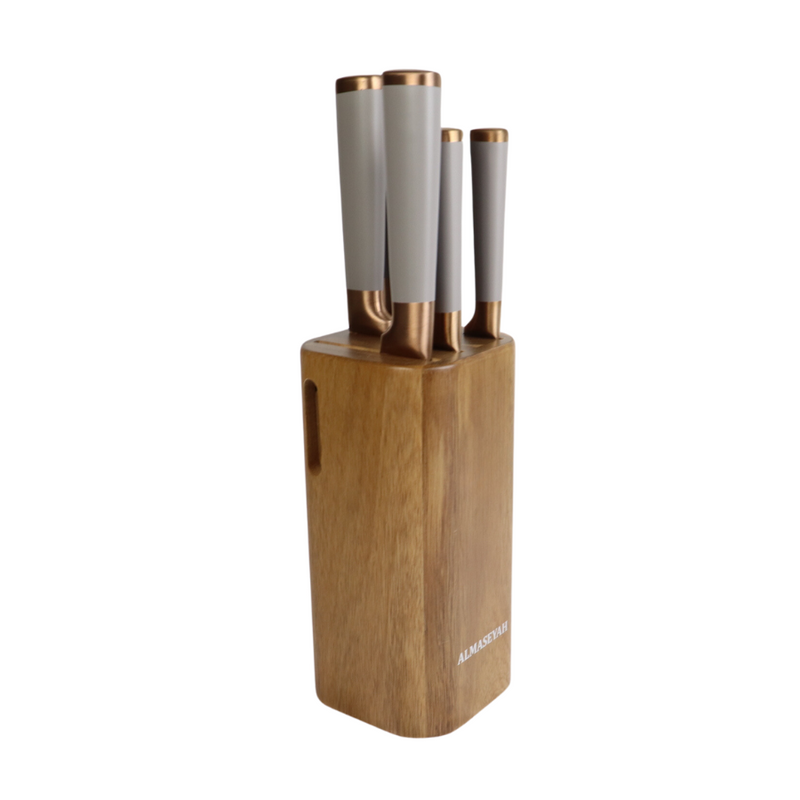 Chic Gray And Gold Knife Set With Elegant Bamboo Block - 5 Essential Knives For Your Kitchen