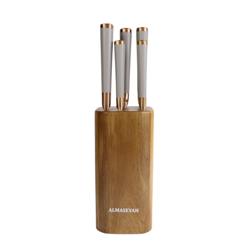 Chic Gray And Gold Knife Set With Elegant Bamboo Block - 5 Essential Knives For Your Kitchen