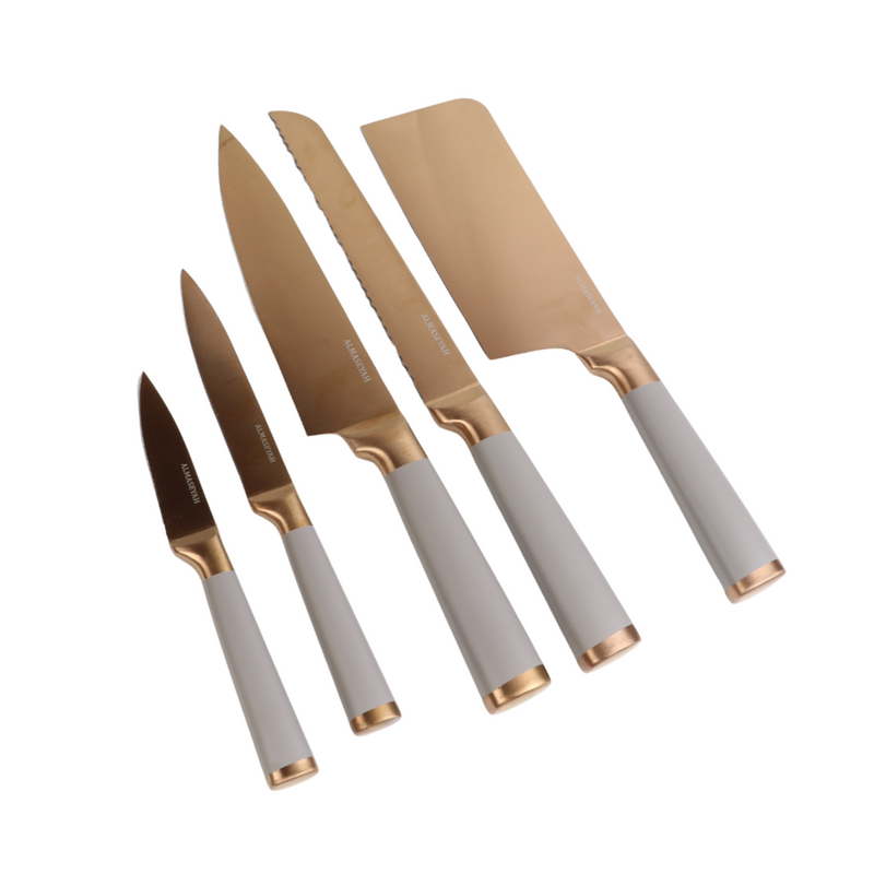 Chic Gray And Gold Knife Set With Elegant Bamboo Block - 5 Essential Knives For Your Kitchen