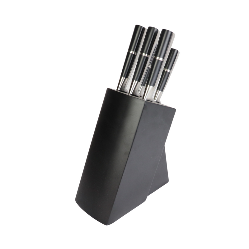 Sleek Stainless Steel Knife Set With Modern Black Block - 5 Essential Knives For Your Kitchen