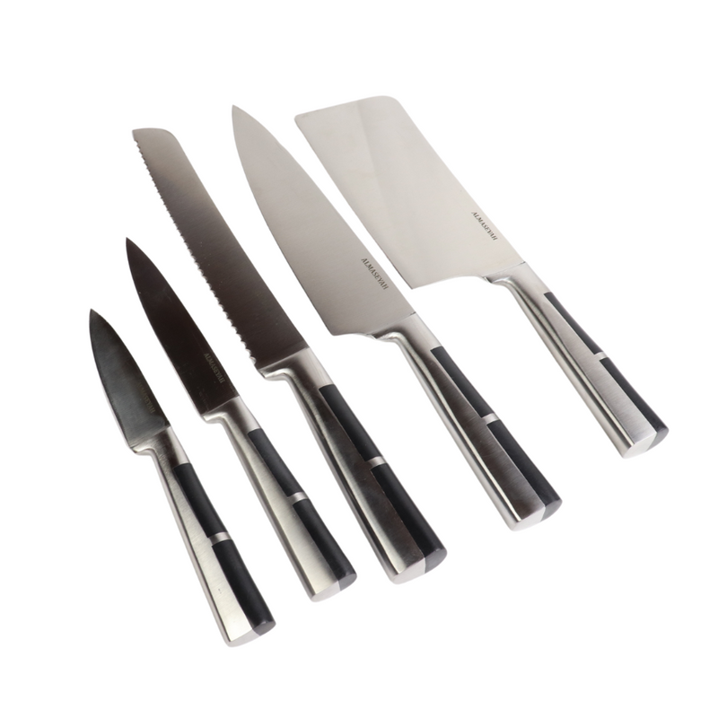 Sleek Stainless Steel Knife Set With Modern Black Block - 5 Essential Knives For Your Kitchen