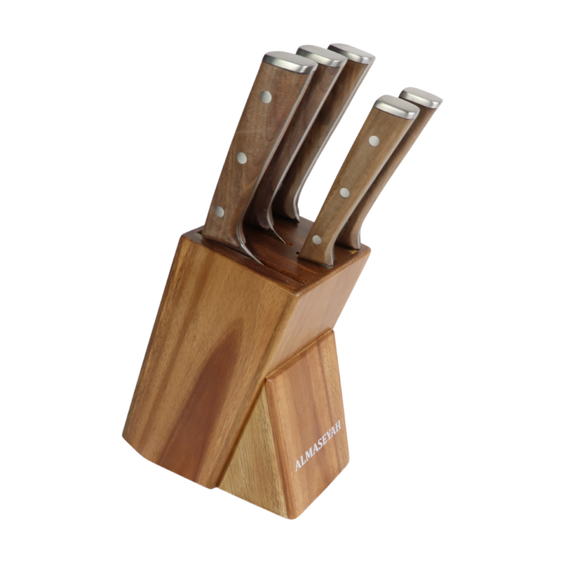 Premium Wooden Handle Knife Set With Block - 5-Piece Stainless Steel Blades