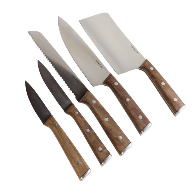 Premium Wooden Handle Knife Set With Block - 5-Piece Stainless Steel Blades