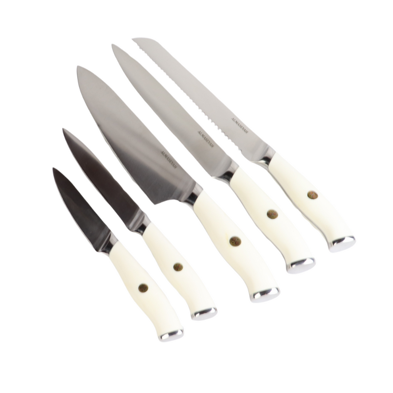 Premium Knife Set With Block - 5-Piece Stainless Steel Blades, Ergonomic Handle, Multiple Colors