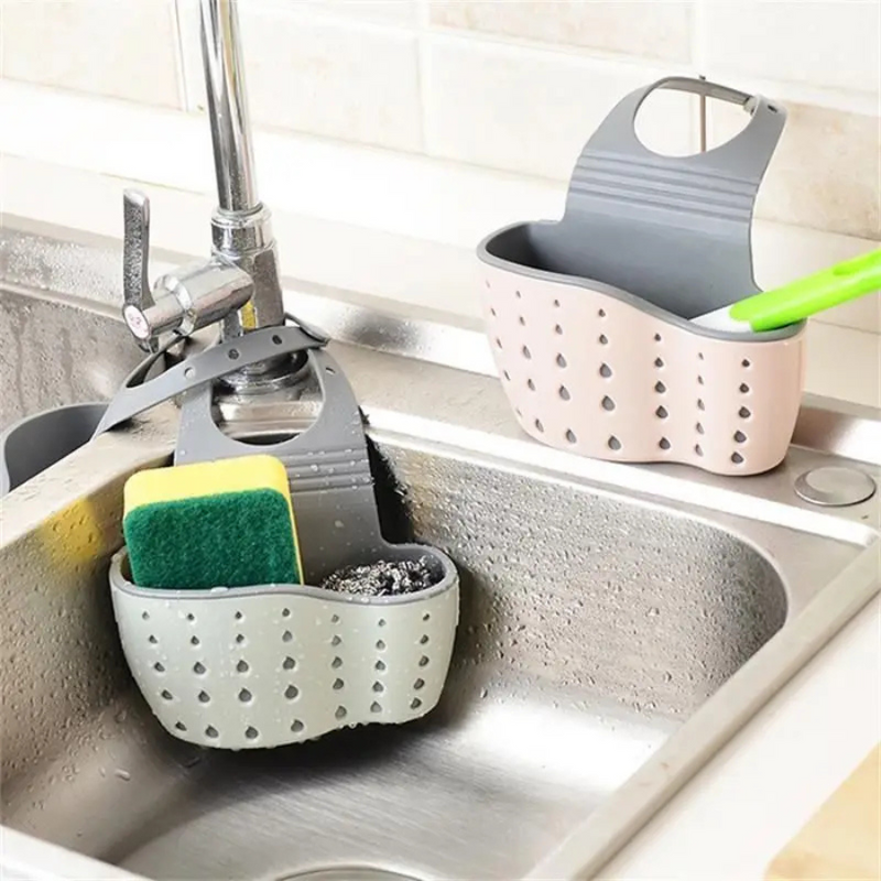 Adjustable Hanging Sink Organizer Caddy For Kitchen Sponge And Brush Storage With Drain Holes