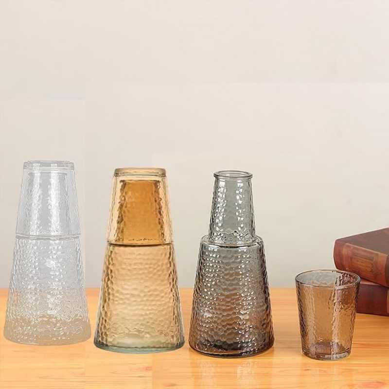 Elegant Hammered Glass Carafe And Tumbler Set For Water, Juice, Or Bedside Use