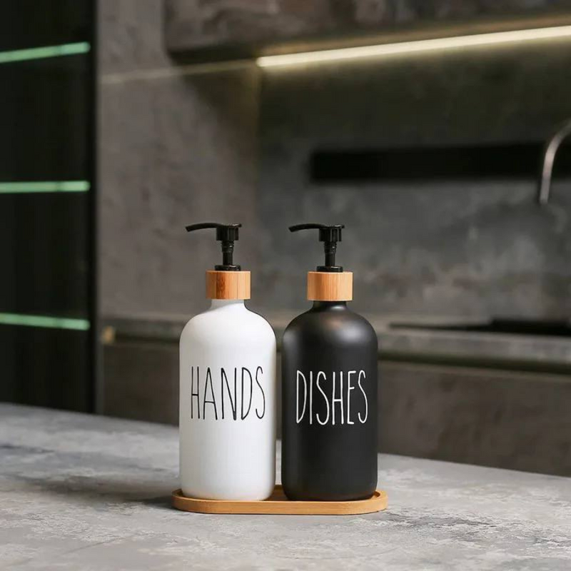 Set Of 2 Stylish Refillable Soap Dispensers With Bamboo Pump Lid - For Hands And Dishes