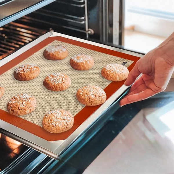 Reusable non-stick silicone baking mat for perfect cookie baking.