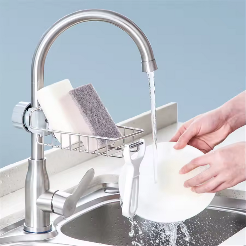 Adjustable Faucet Sponge Holder With Drain Basket – Durable And Space-Saving