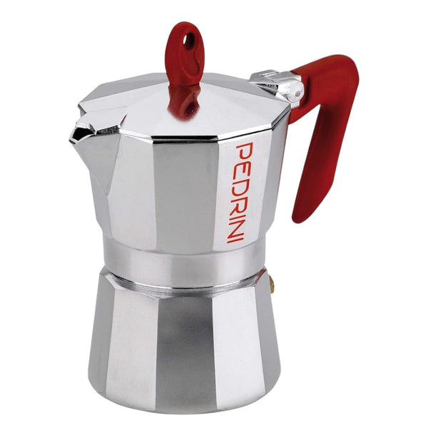 Pedrini 6-Cup Stovetop Moka Coffee Maker - Red Handle - Certified Aluminum Design