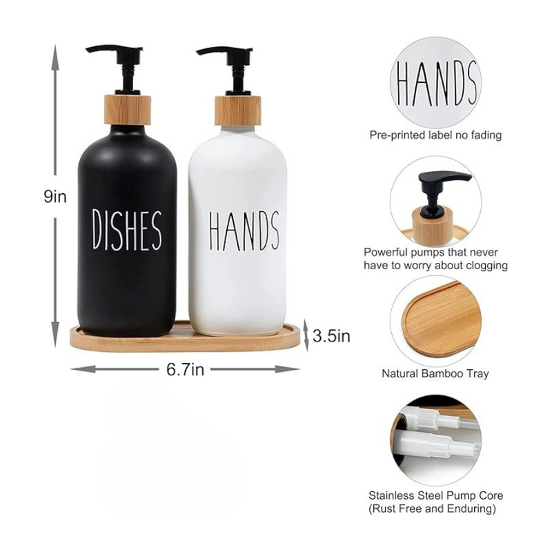 Set Of 2 Stylish Refillable Soap Dispensers With Bamboo Pump Lid - For Hands And Dishes