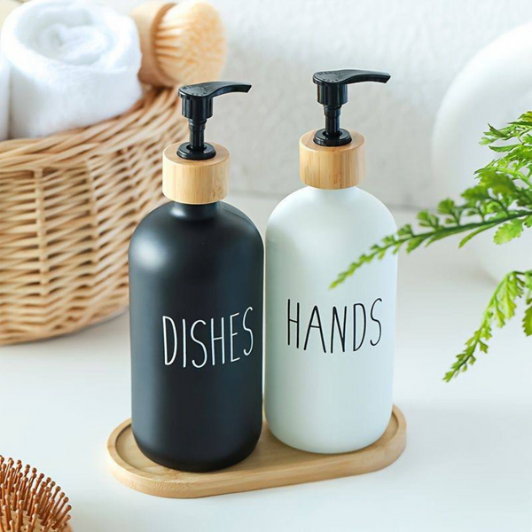 Set Of 2 Stylish Refillable Soap Dispensers With Bamboo Pump Lid - For Hands And Dishes