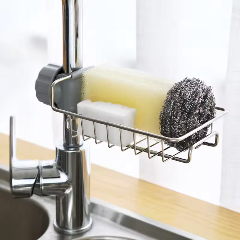 Adjustable Faucet Sponge Holder With Drain Basket – Durable And Space-Saving