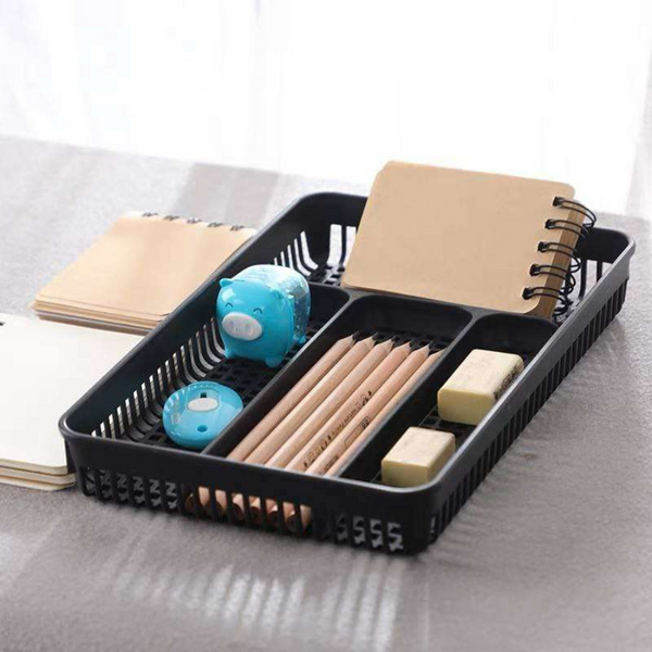 Multi-compartment plastic storage tray for organizing stationery, makeup, and accessories.