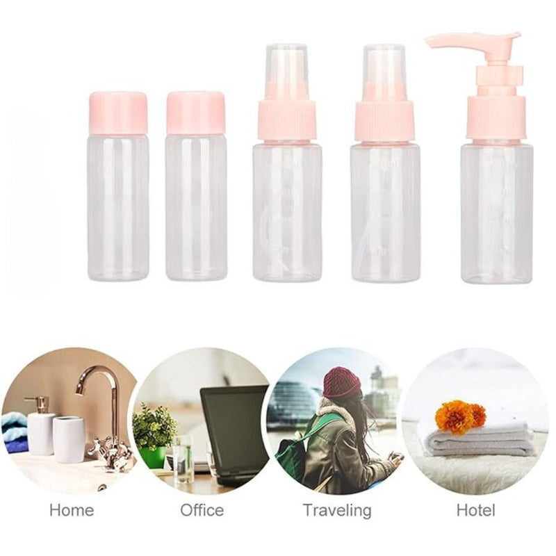 5 Pieces - Multi-Color Travel-Sized Empty Bottle Set - Refillable Bottles with Spray, Pump, and Screw Tops