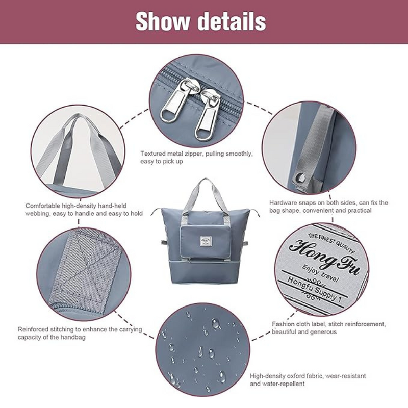 Expandable Waterproof Travel Tote Bag With Separate Compartment - Multi-Functional Handbag