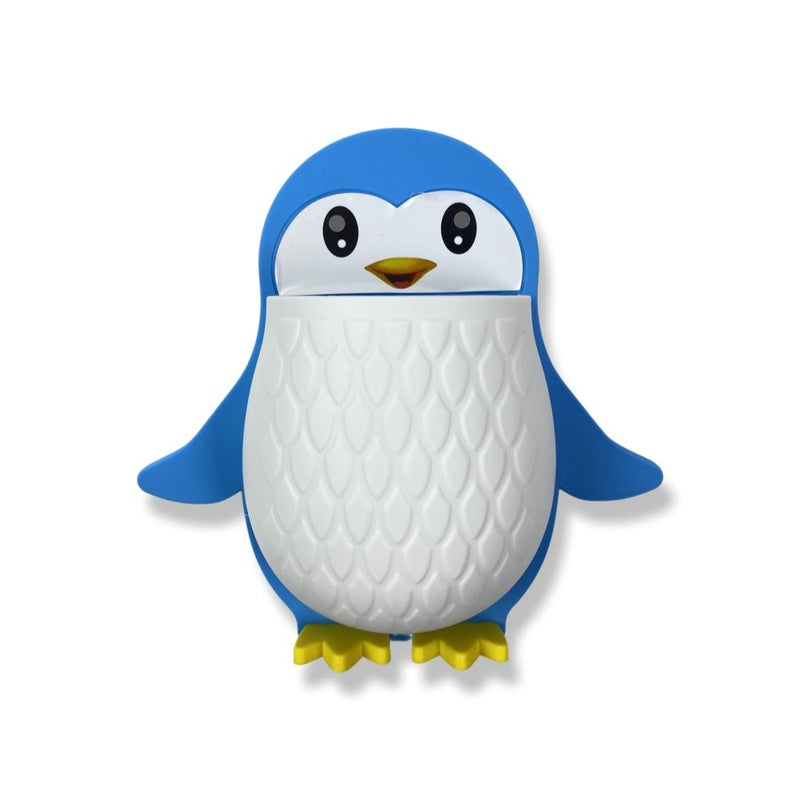 A cute little penguin folded from a washcloth and a small rubber