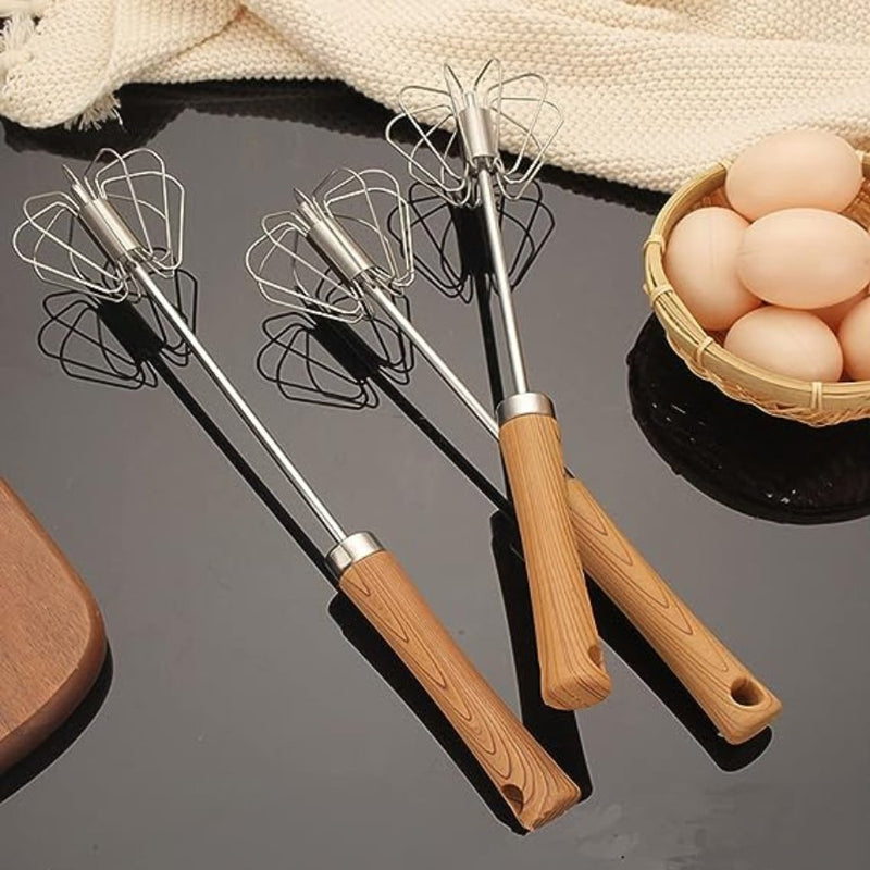 Stainless Steel Semi Automatic Whisk - Wooden Handle Color - Cupindy